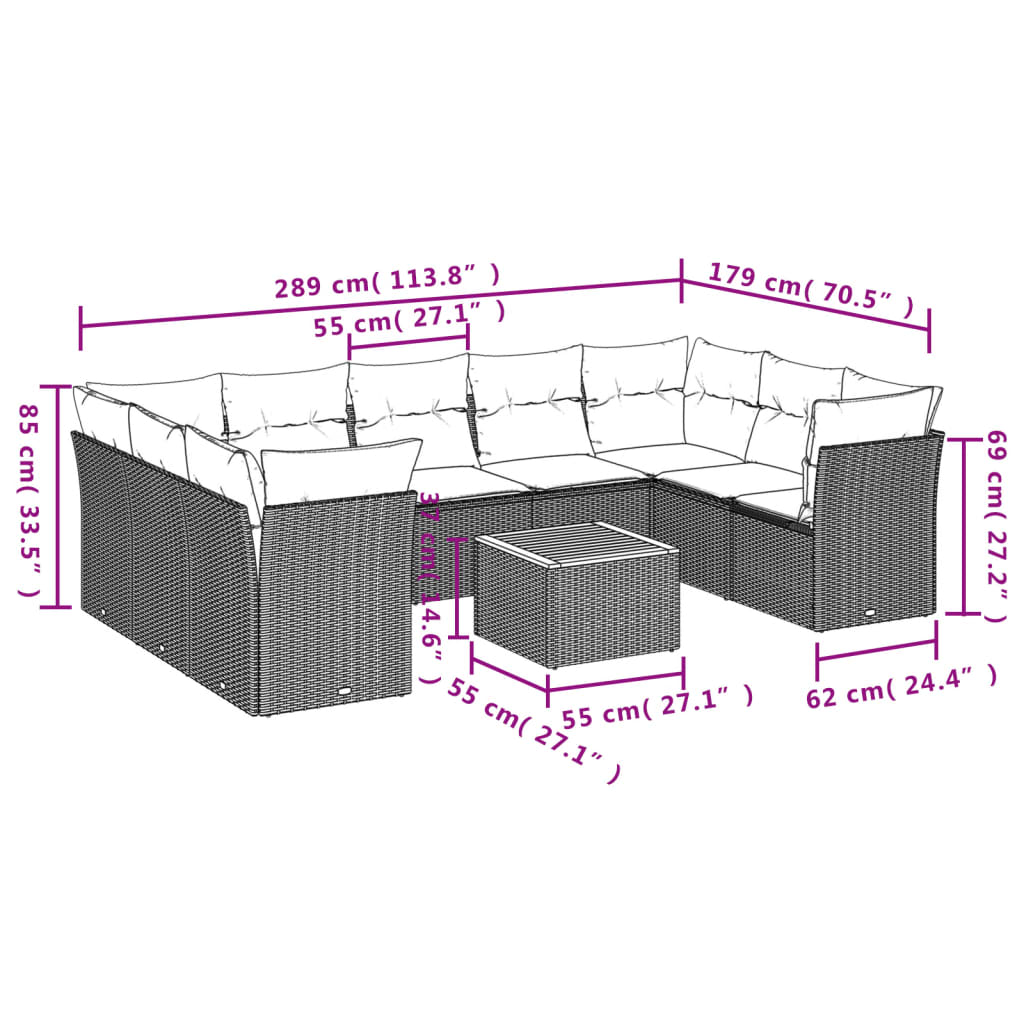 vidaXL 10-tlg. Garten-Sofagarnitur mit Kissen Schwarz Poly Rattan