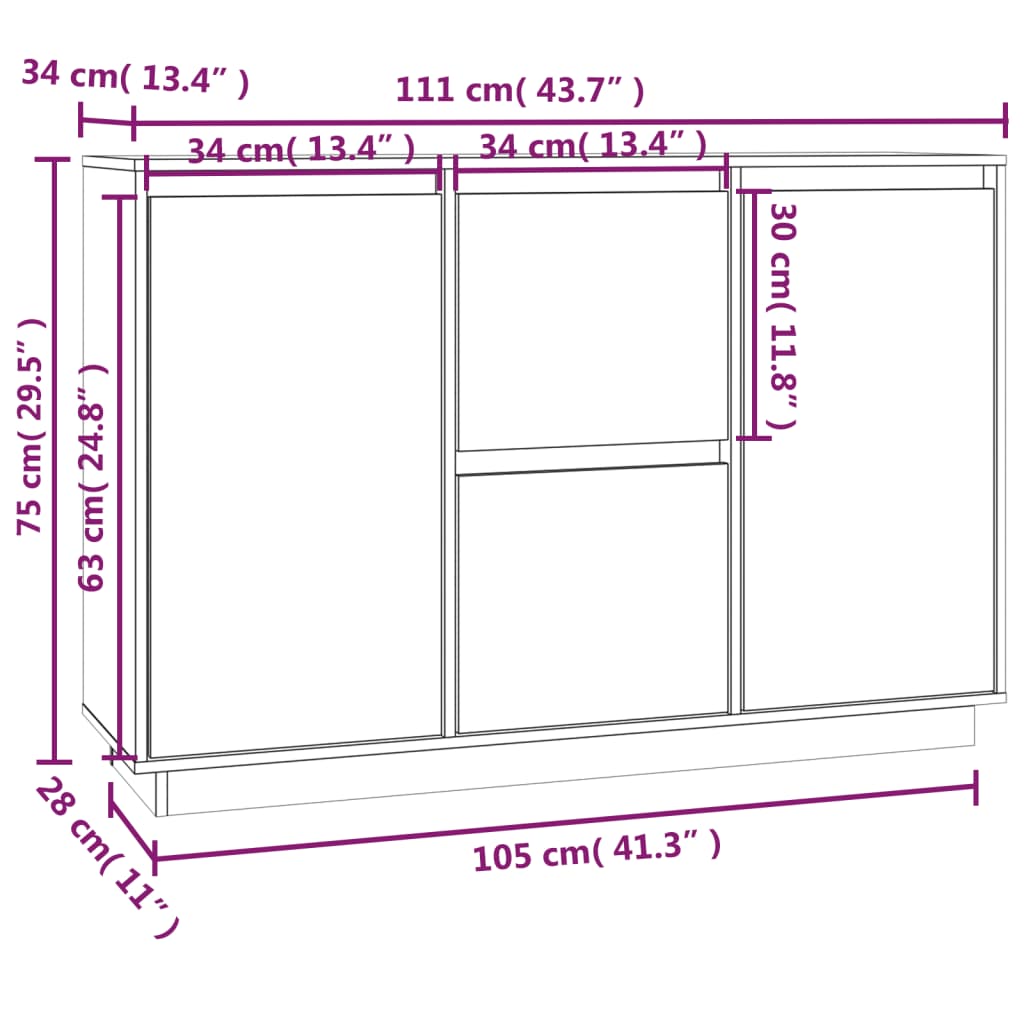 vidaXL Sideboard Weiß 111x34x75 cm Massivholz Kiefer