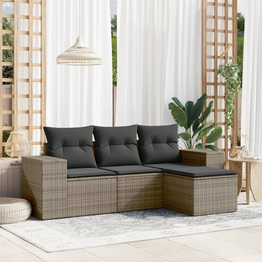 vidaXL 4-tlg. Garten-Sofagarnitur mit Kissen Grau Poly Rattan