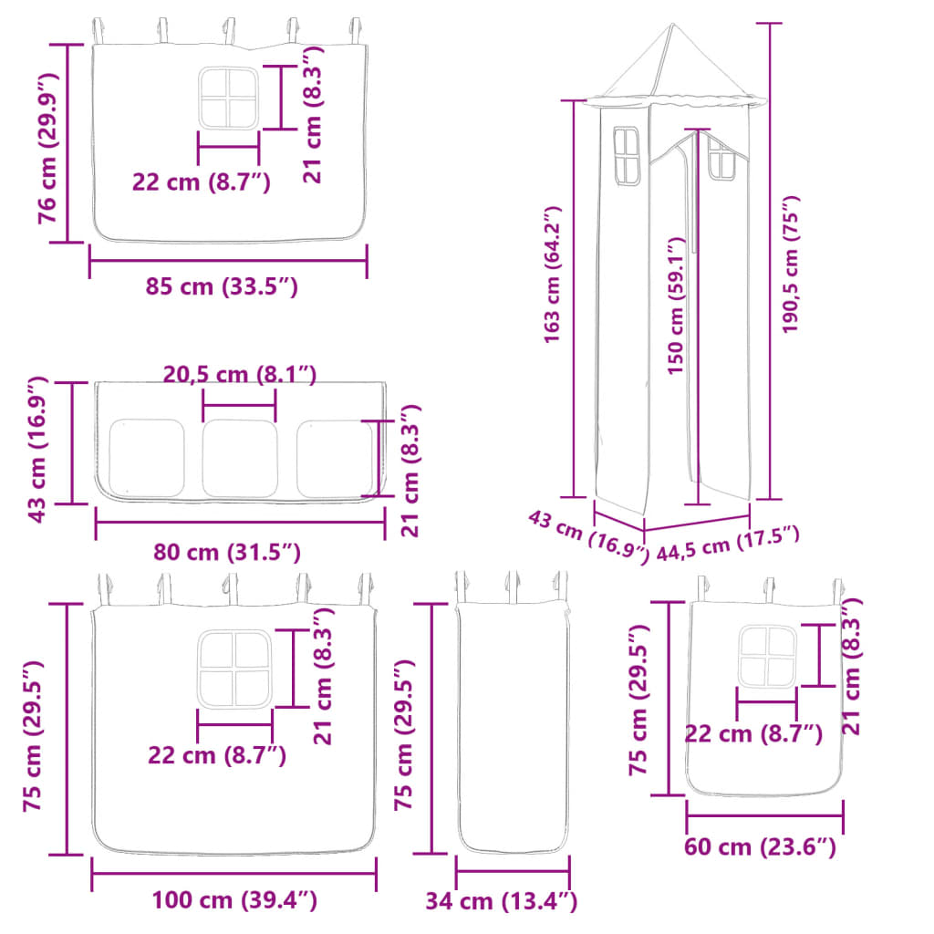 vidaXL Etagenbett mit Rutsche und Gardinen Blau 80x200 cm