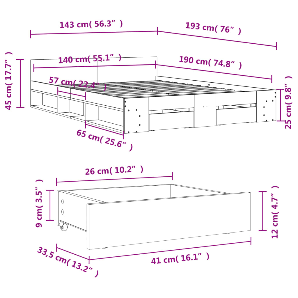 vidaXL Bettgestell mit Schubladen Sonoma-Eiche 140x190cm Holzwerkstoff