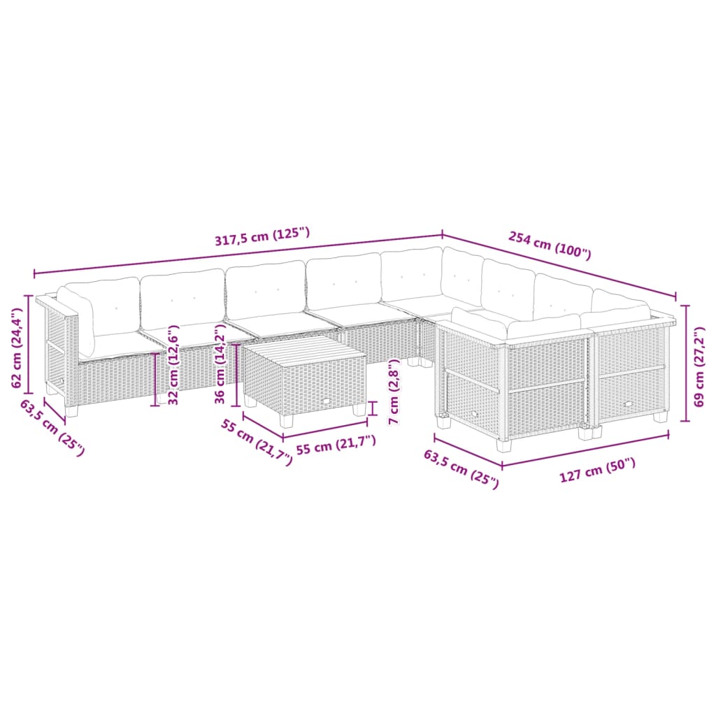 vidaXL 10-tlg. Garten-Sofagarnitur mit Kissen Grau Poly Rattan