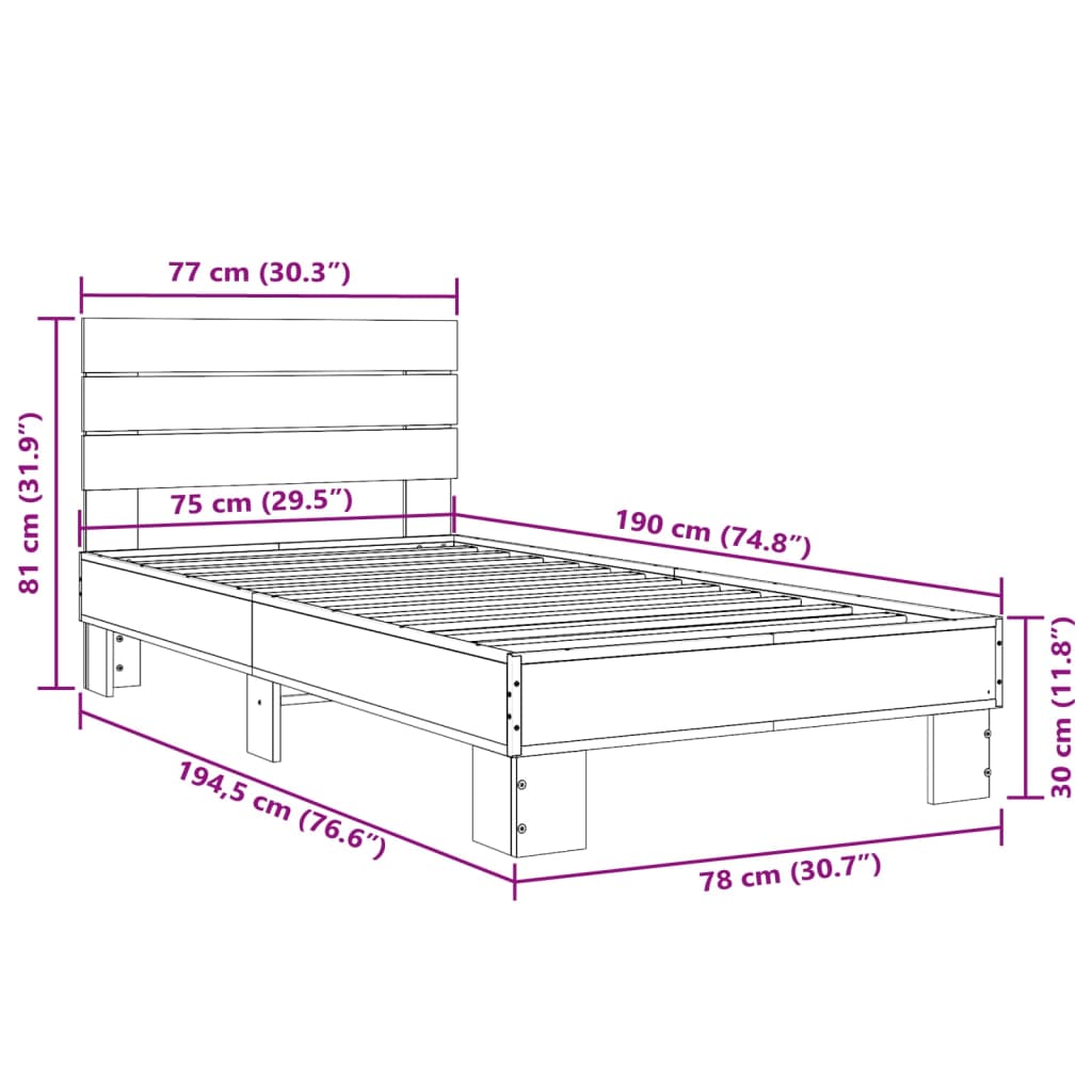 vidaXL Bettgestell Braun Eichen-Optik 75x190 cm Holzwerkstoff Metall