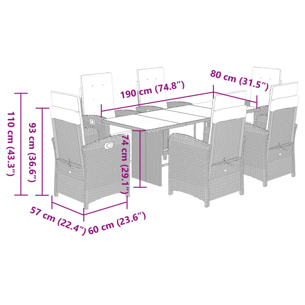 vidaXL 7-tlg. Garten-Essgruppe mit Kissen Schwarz Poly Rattan