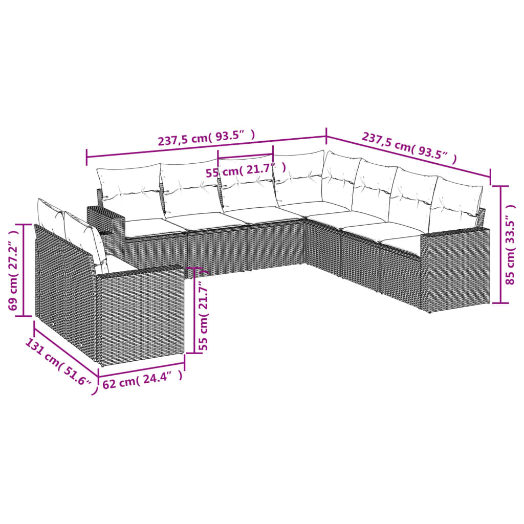 vidaXL 9-tlg. Garten-Sofagarnitur mit Kissen Schwarz Poly Rattan