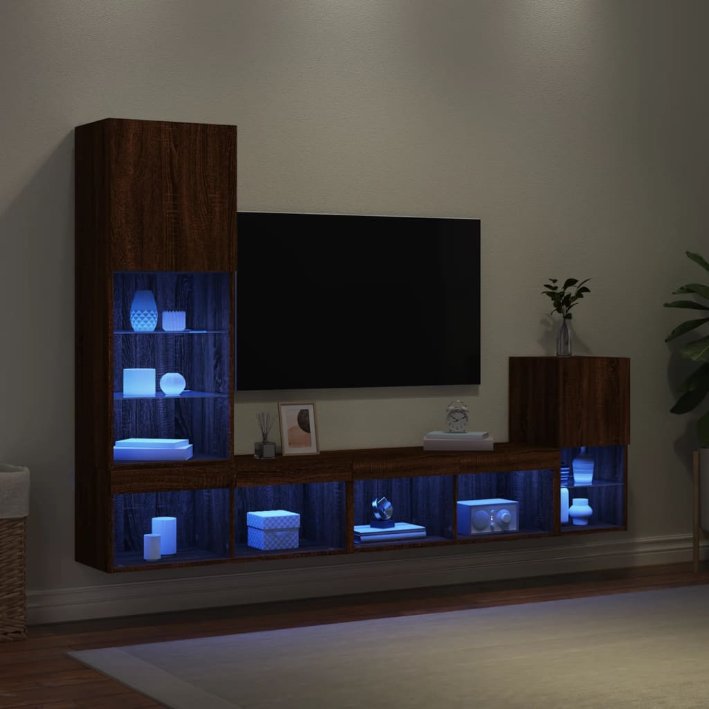 vidaXL 4-tlg. Wohnwand mit LED-Beleuchtung Braun Eiche Holzwerkstoff
