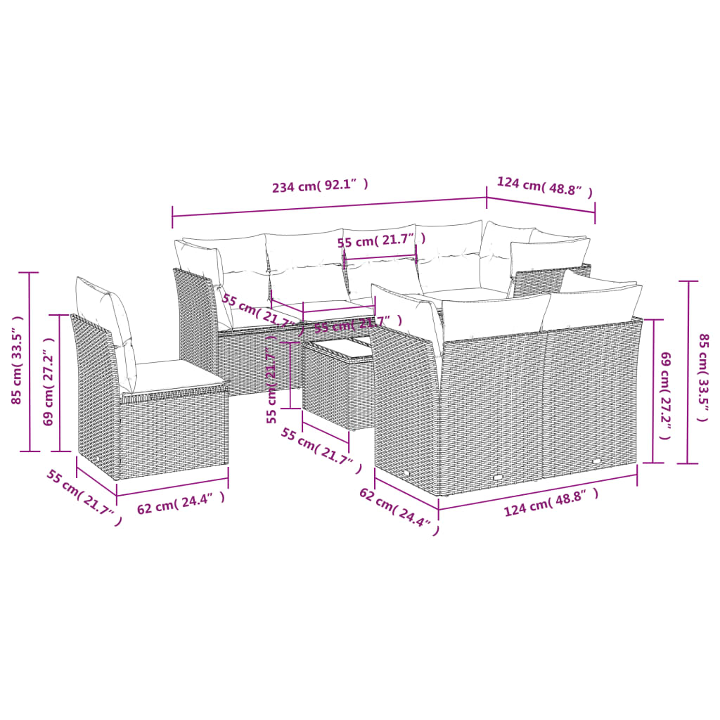 vidaXL 9-tlg. Garten-Sofagarnitur mit Kissen Beige Poly Rattan