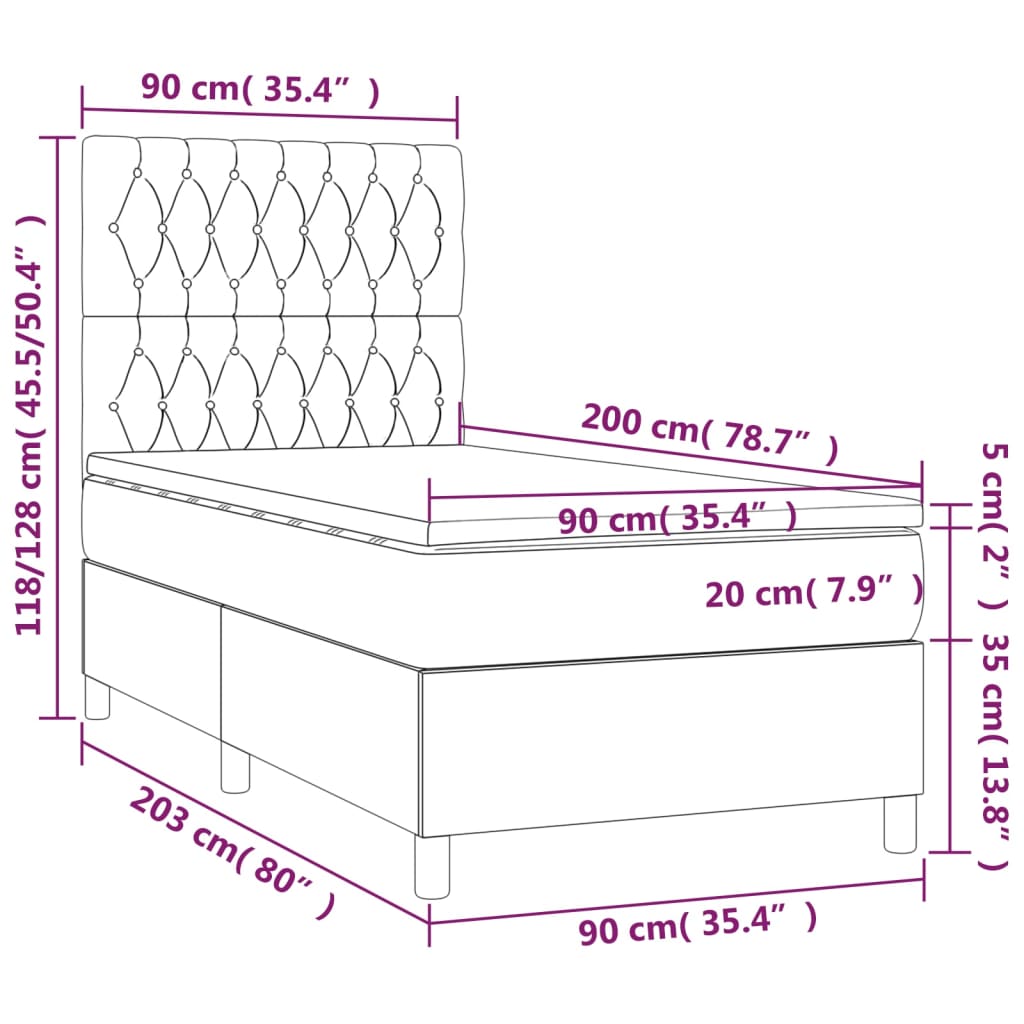 vidaXL Boxspringbett mit Matratze & LED Dunkelgrau 90x200 cm Stoff