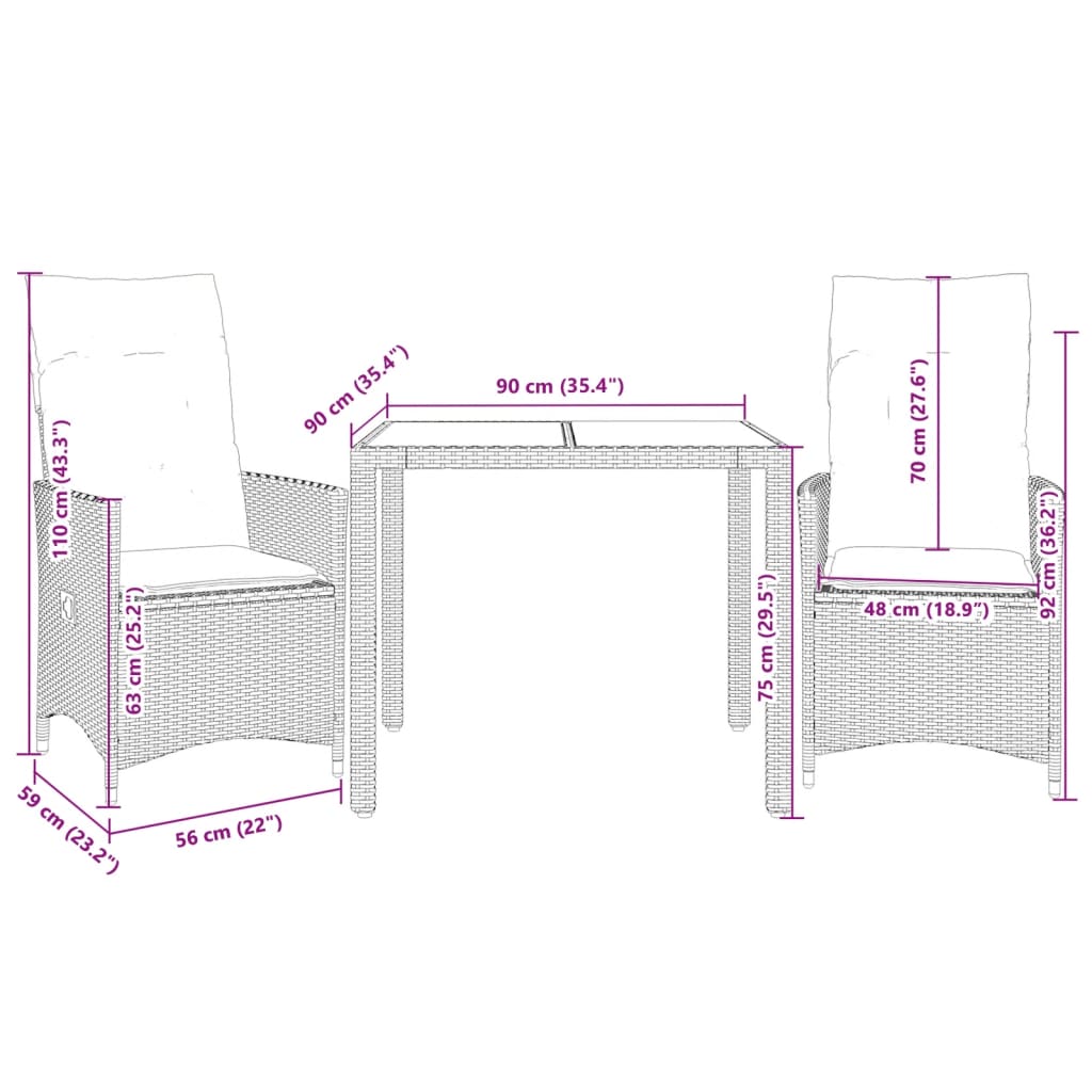 vidaXL 3-tlg. Bistro-Set mit Kissen Beige Poly Rattan