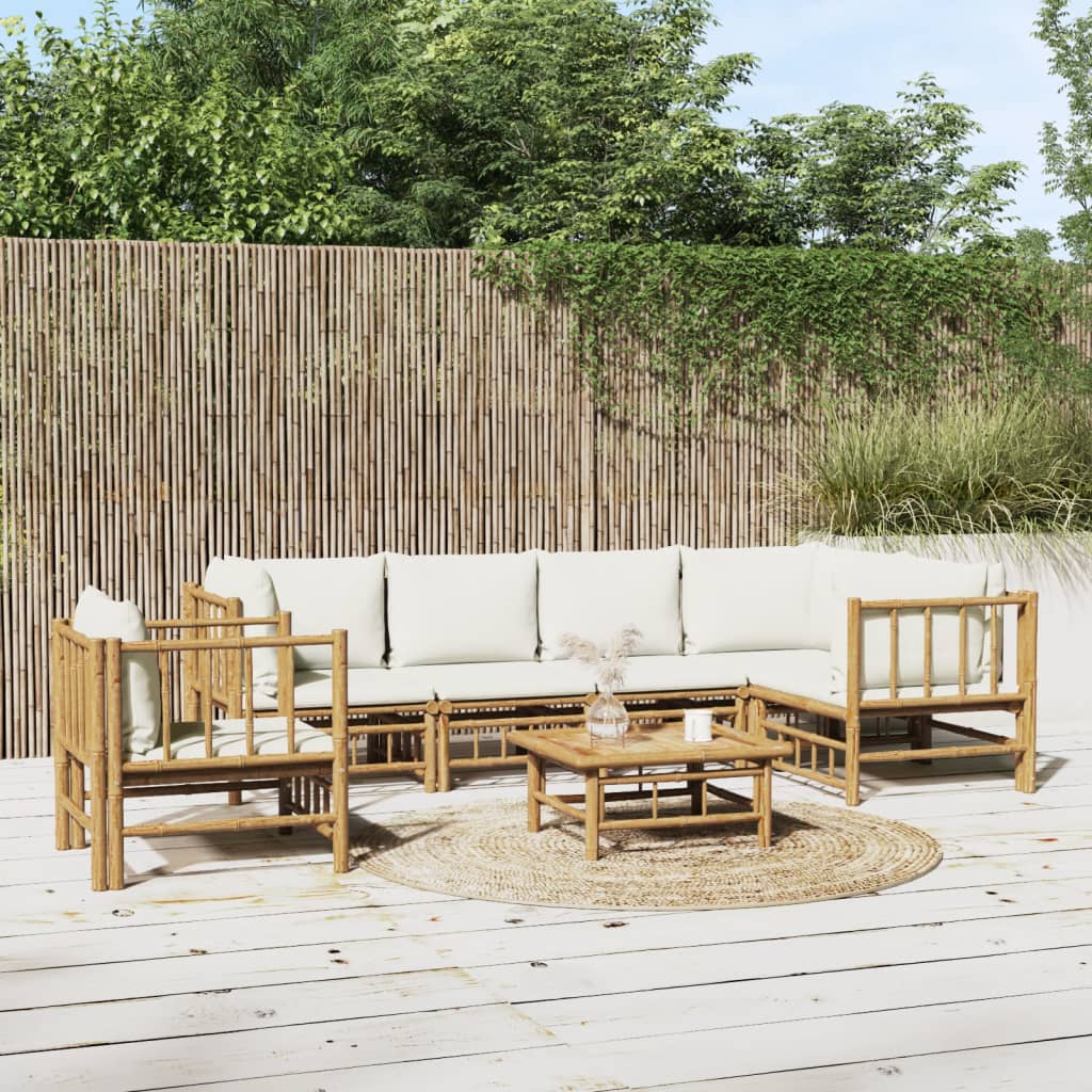 vidaXL 7-tlg. Garten-Lounge-Set mit Cremeweißen Kissen Bambus