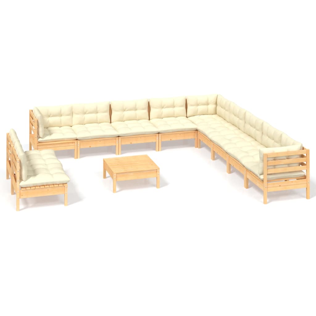 vidaXL 12-tlg. Garten-Lounge-Set mit Creme Kissen Massivholz Kiefer