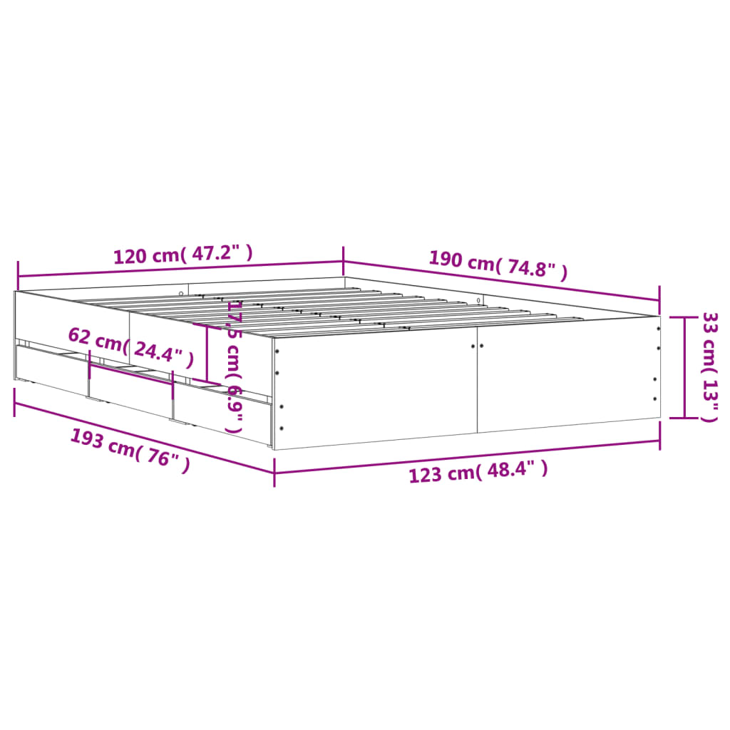 vidaXL Bettgestell mit Schubladen Grau Sonoma 120x190 cm Holzwerkstoff