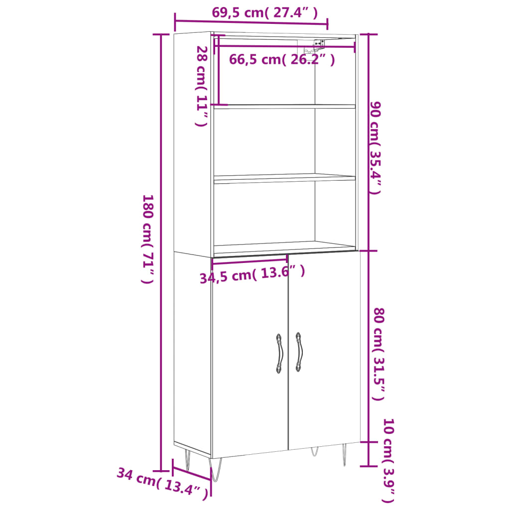 vidaXL Highboard Braun Eichen-Optik 69,5x34x180 cm Holzwerkstoff