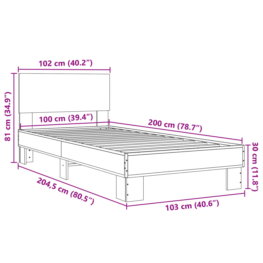 vidaXL Bettgestell Räuchereiche 100x200 cm Holzwerkstoff und Metall