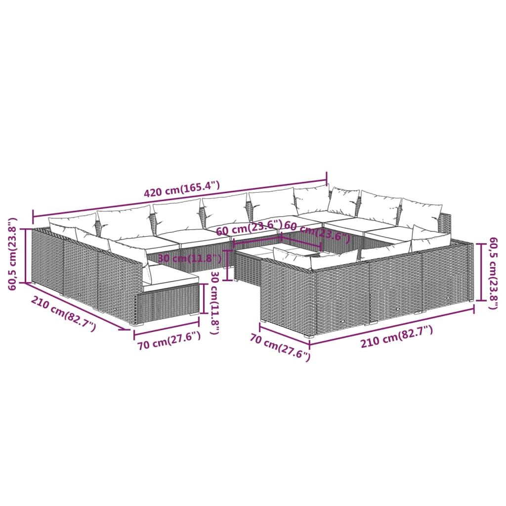 vidaXL 14-tlg. Garten-Lounge-Set mit Kissen Braun Poly Rattan