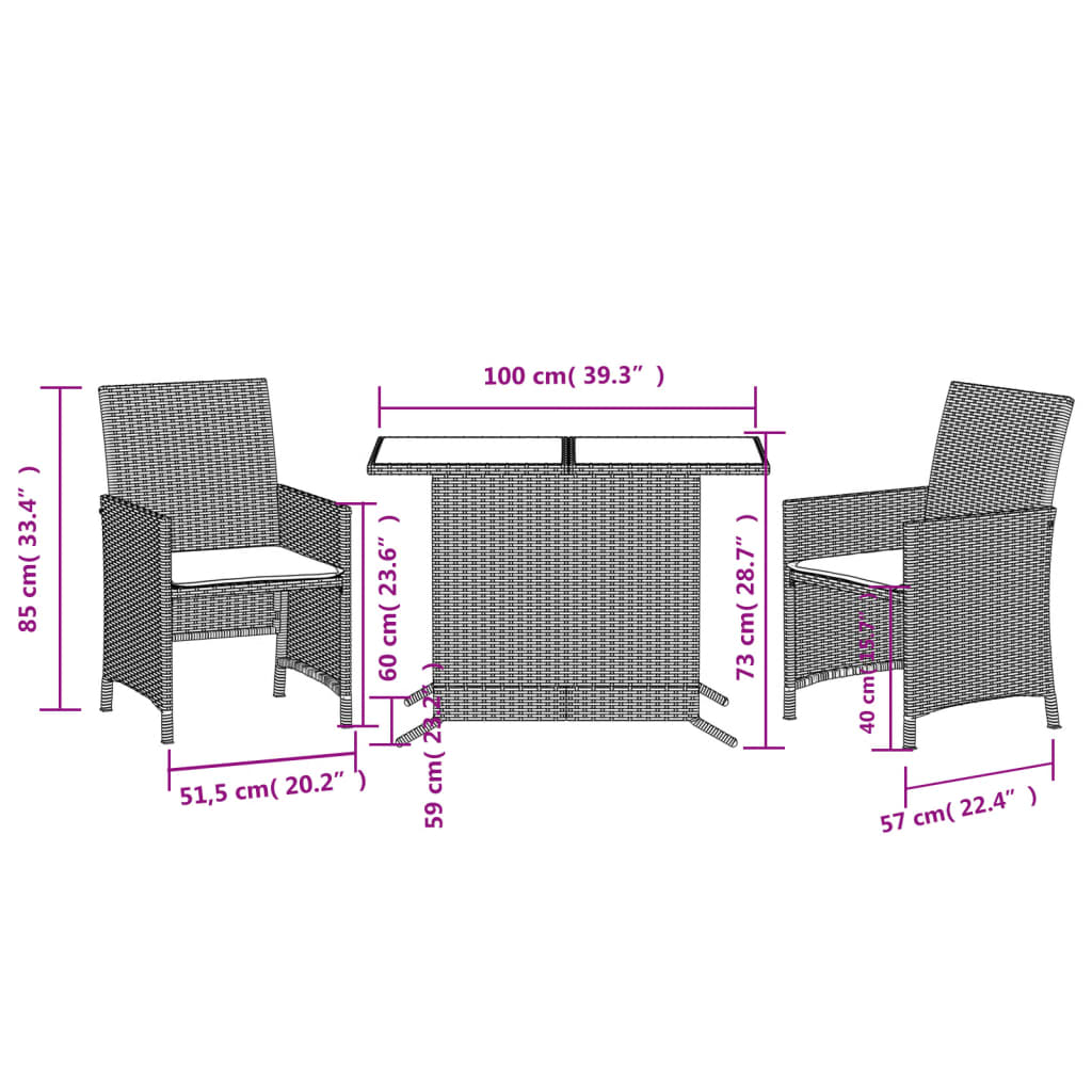 vidaXL 3-tlg. Bistro-Set mit Kissen Schwarz Poly Rattan