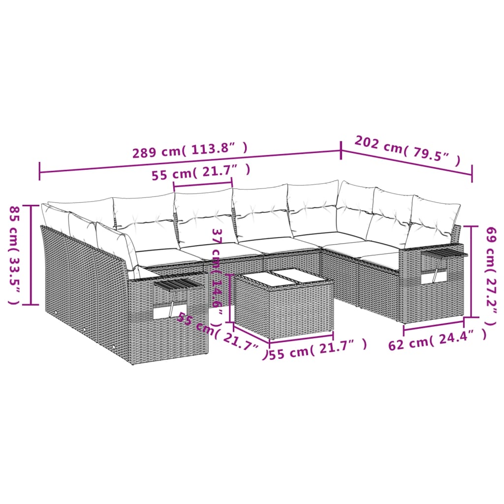 vidaXL 10-tlg. Garten-Sofagarnitur mit Kissen Schwarz Poly Rattan