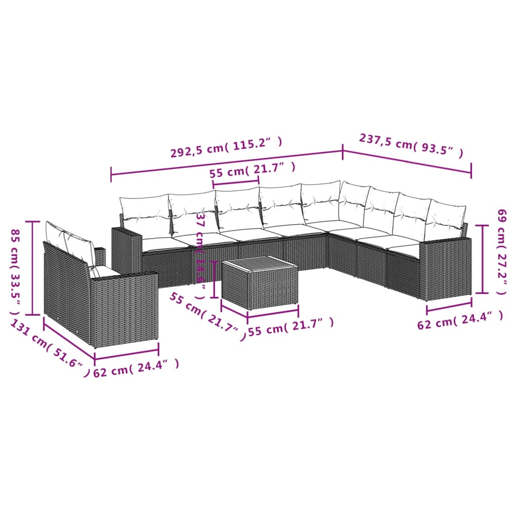 vidaXL 11-tlg. Garten-Sofagarnitur mit Kissen Schwarz Poly Rattan