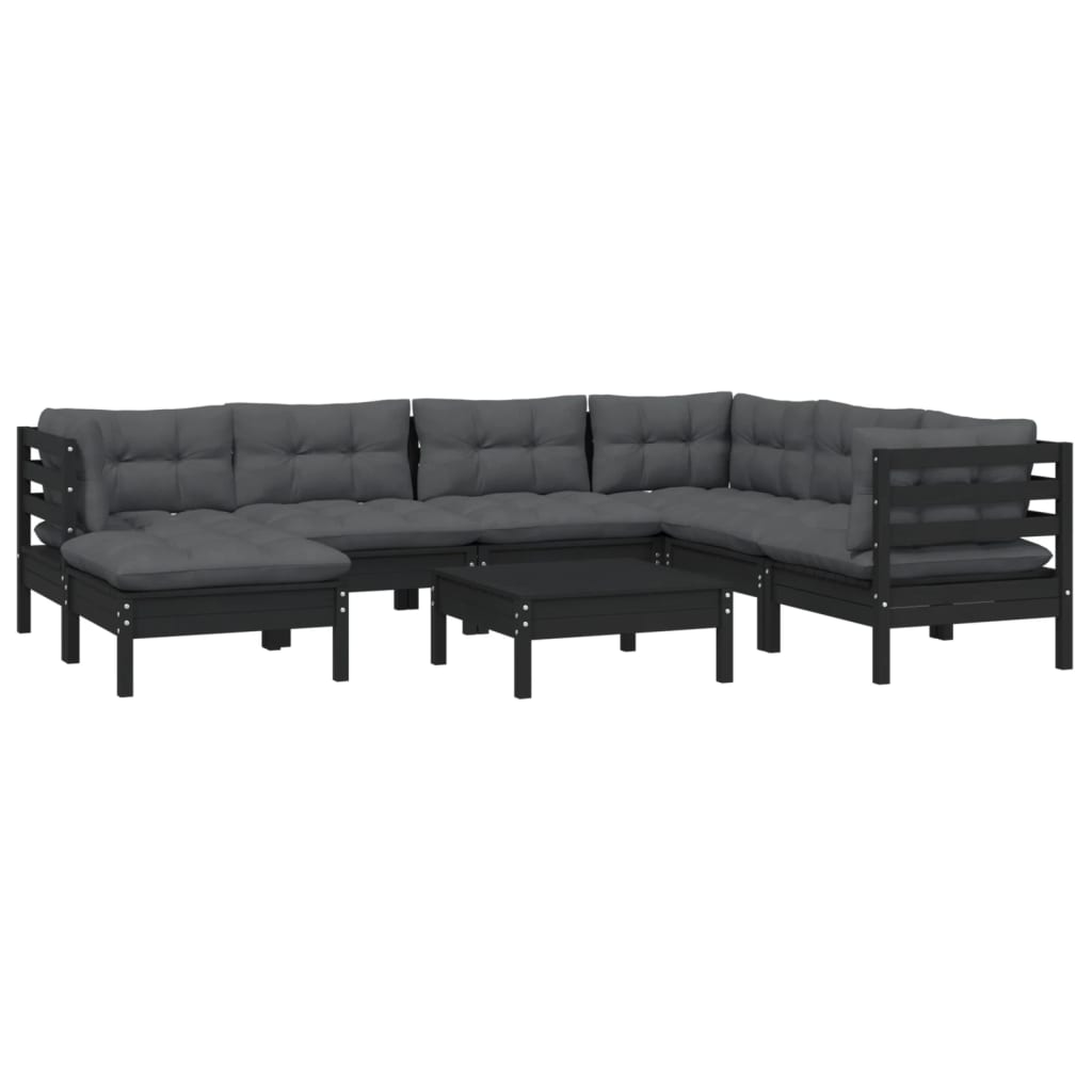 vidaXL 8-tlg. Garten-Lounge-Set mit Kissen Schwarz Kiefer Massivholz