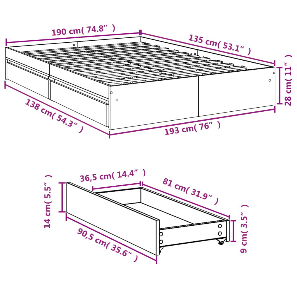 vidaXL Bettgestell mit Schubladen Räuchereiche 135x190cm Holzwerkstoff