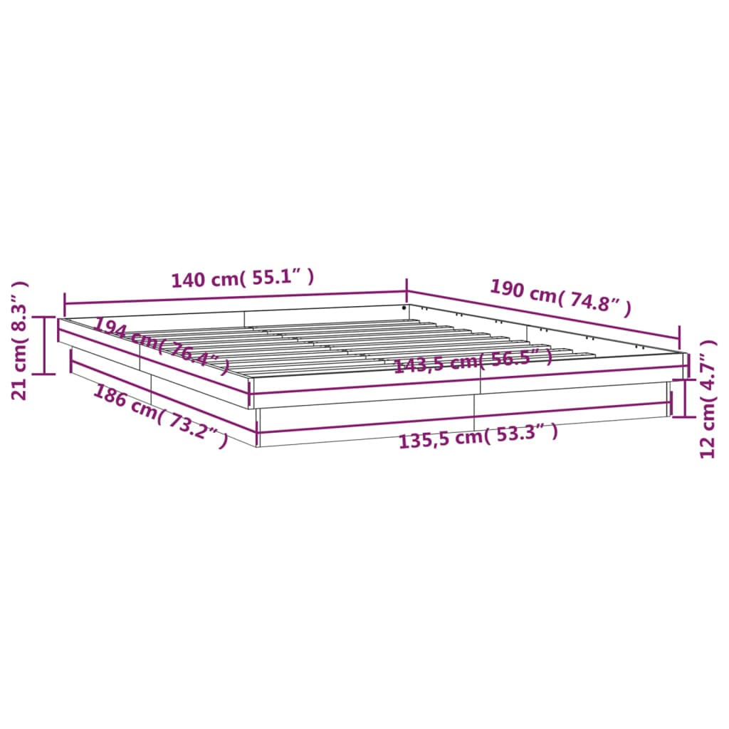 vidaXL Massivholzbett mit LED-Beleuchtung Wachsbraun 140x190 cm Kiefer