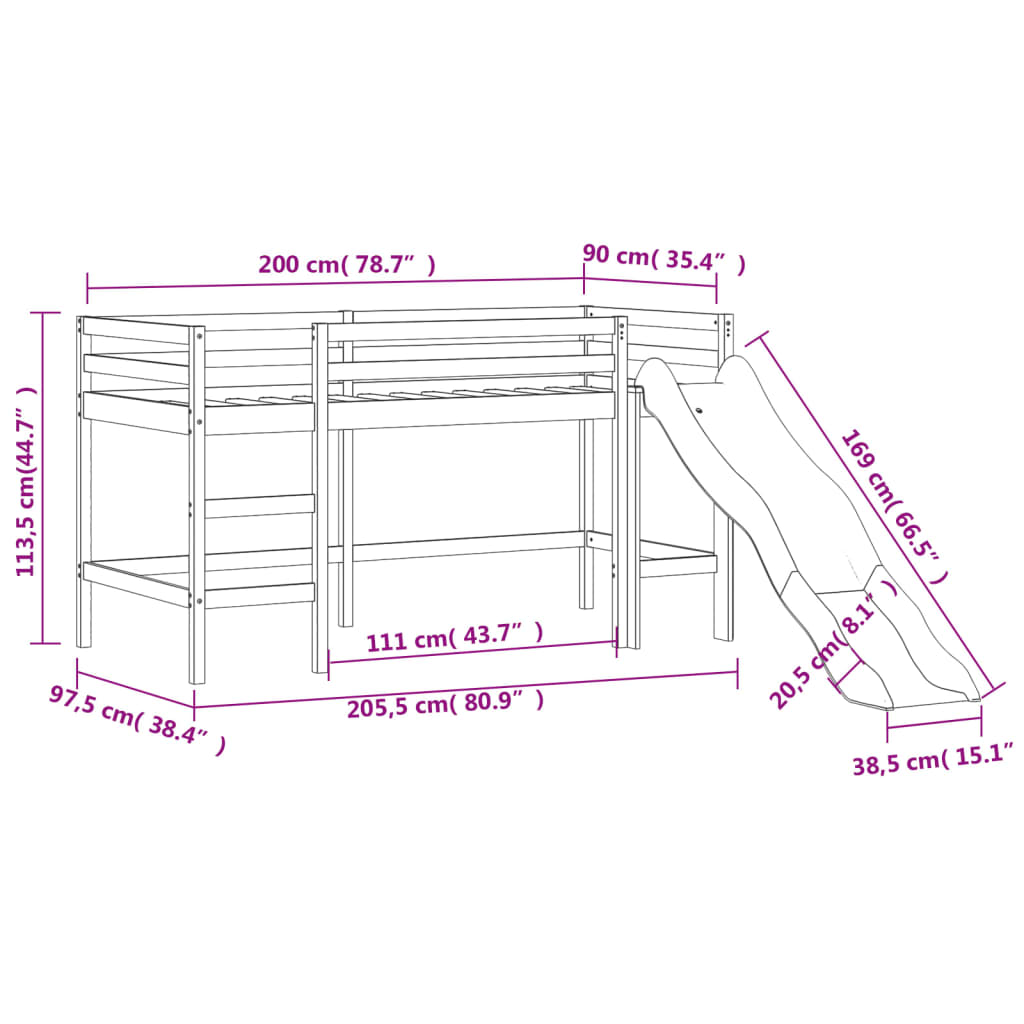 vidaXL Kinderhochbett mit Tunnel Blau 90x200 cm Massivholz Kiefer