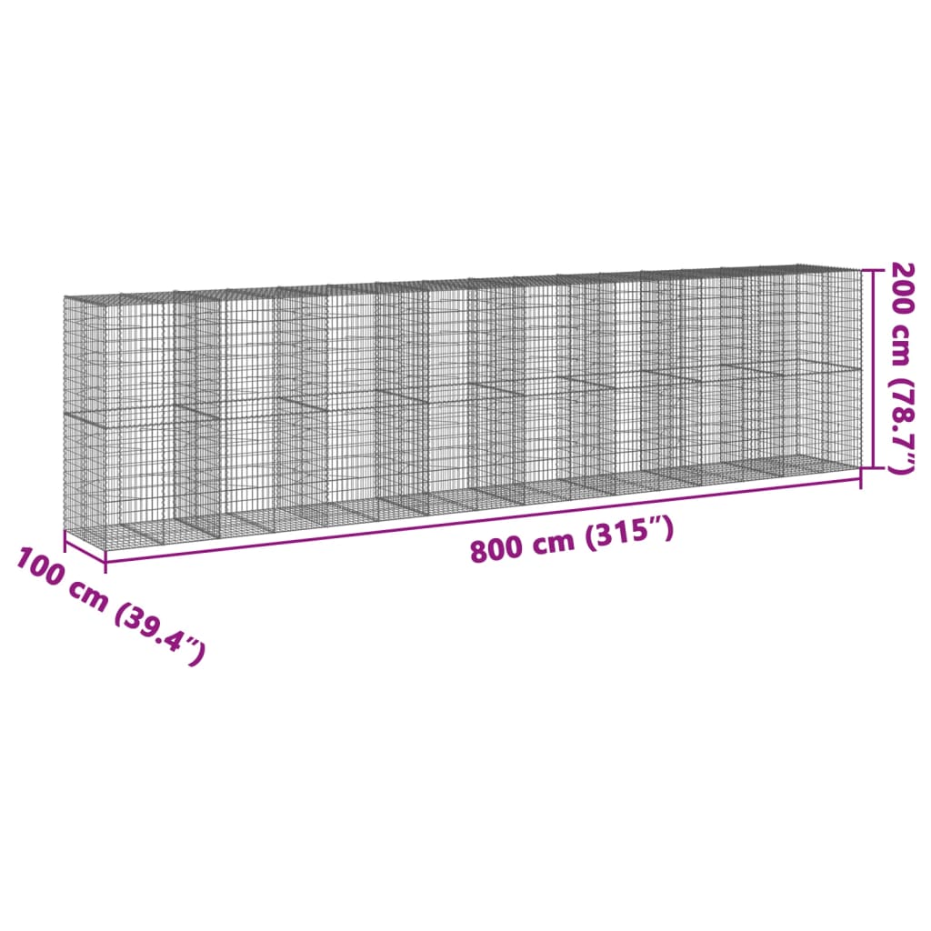 vidaXL Gabione mit Deckel 800x100x200 cm Verzinktes Eisen