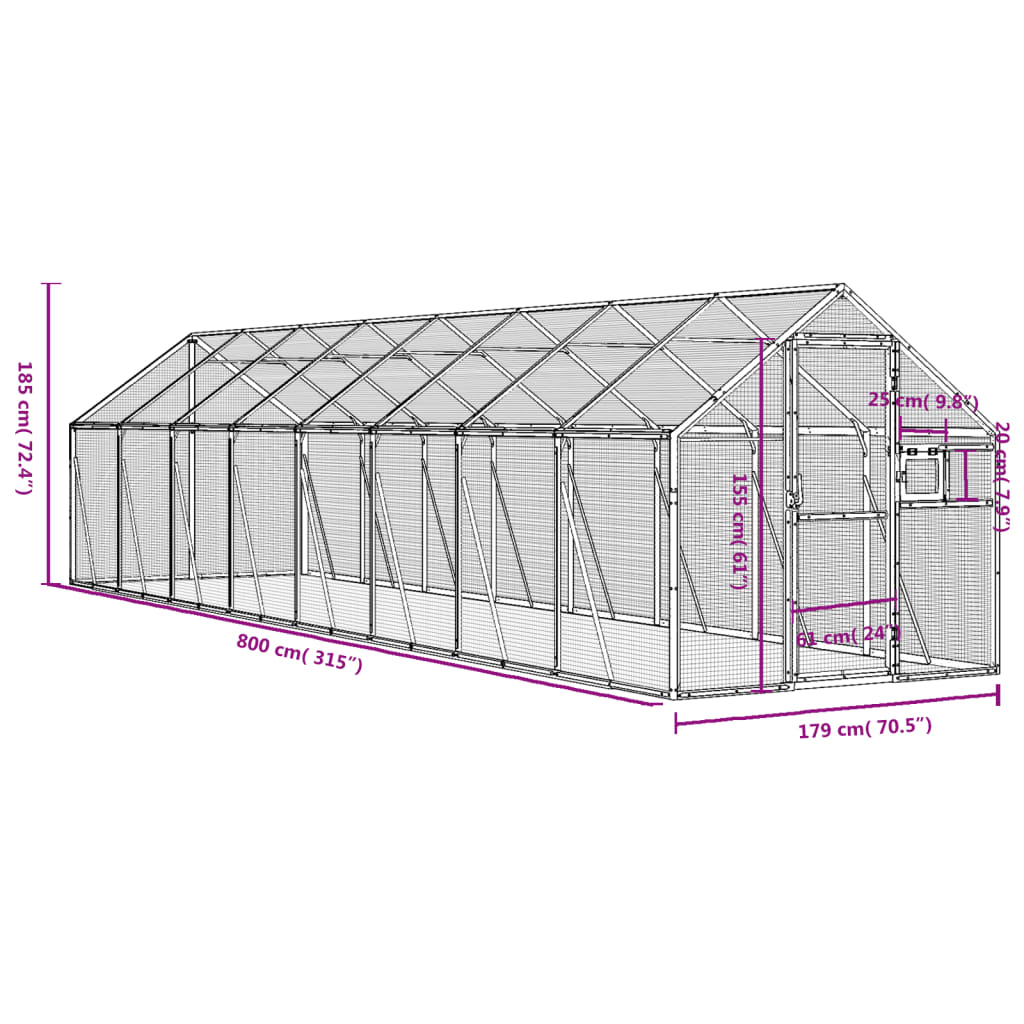 vidaXL Voliere Silbern 1,79x8x1,85 m Aluminium