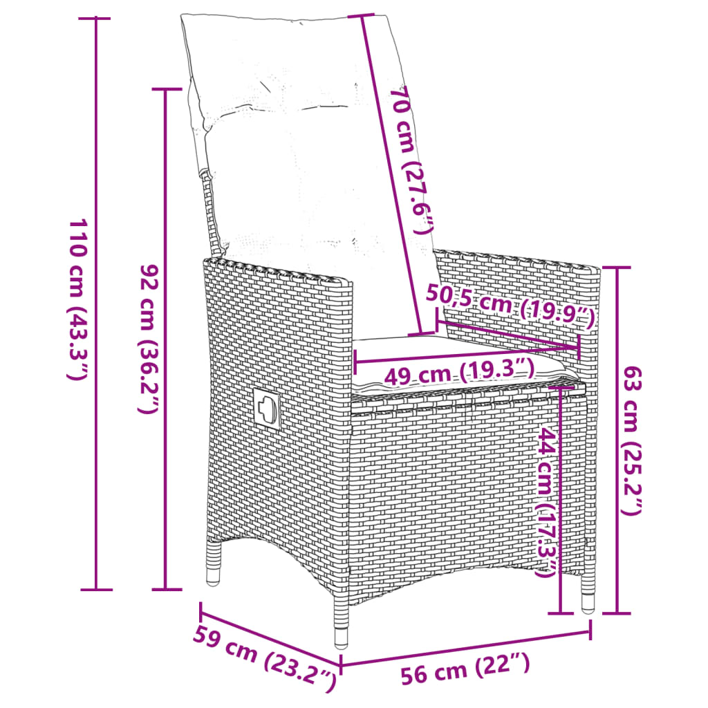 vidaXL Gartensessel mit Kissen 2 Stk. Verstellbar Grau Poly Rattan