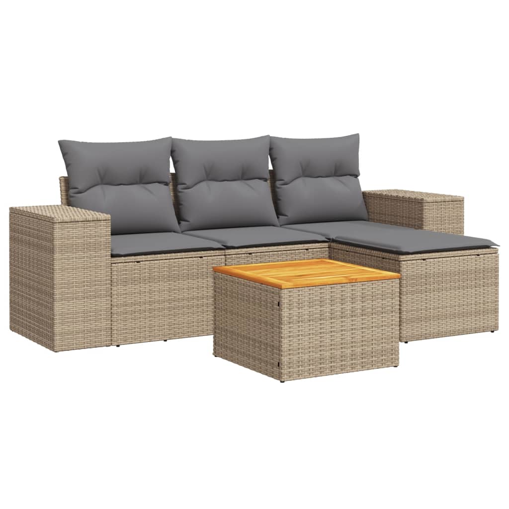 vidaXL 5-tlg. Garten-Sofagarnitur mit Kissen Beige Poly Rattan