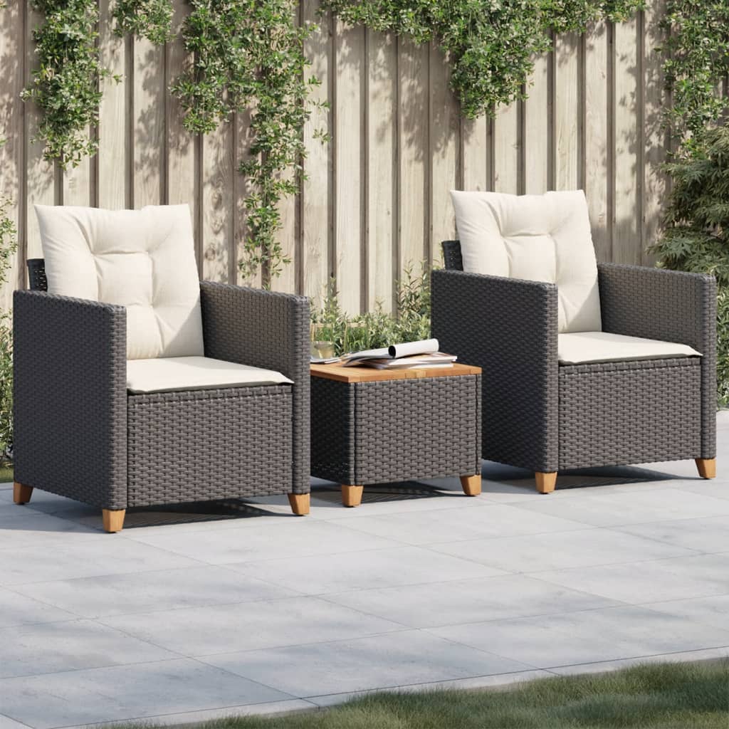 vidaXL 3-tlg. Bistro-Set mit Kissen Schwarz Poly Rattan Akazienholz