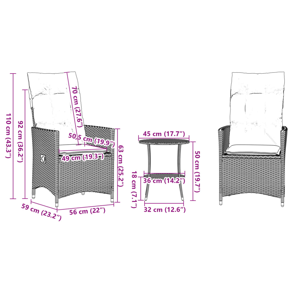 vidaXL 3-tlg. Bistro-Set mit Kissen Beige Poly Rattan