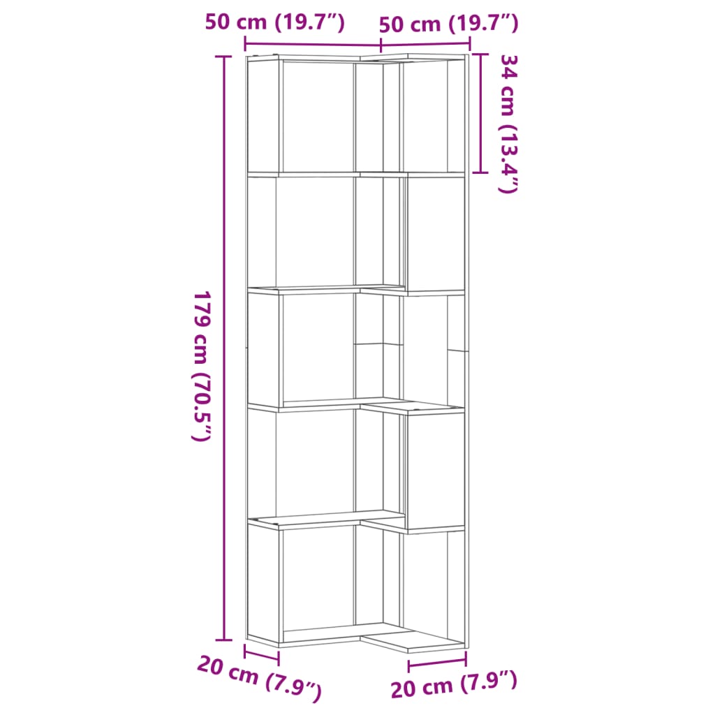 vidaXL Eck-Bücherregal 5 Böden Sonoma-Eiche 50x50x179 cm Holzwerkstoff