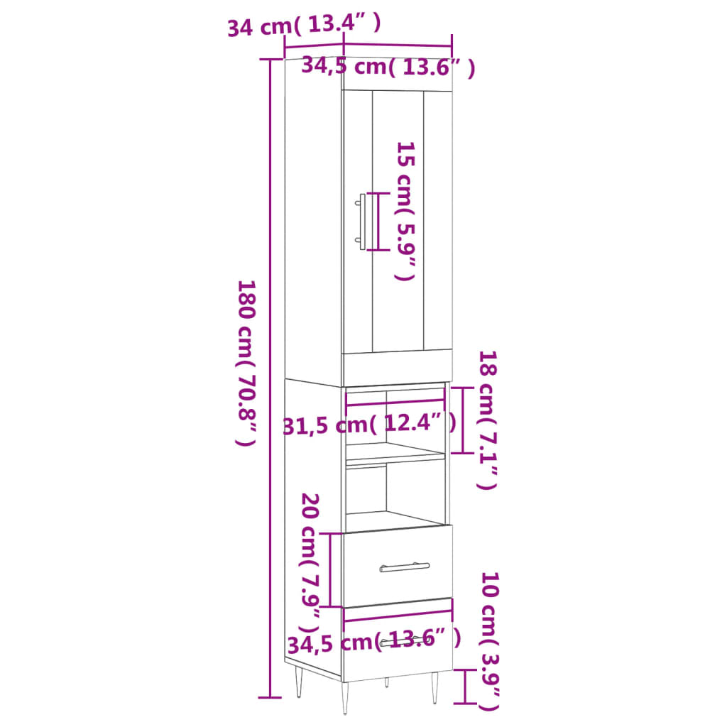 vidaXL Highboard Weiß 34,5x34x180 cm Holzwerkstoff