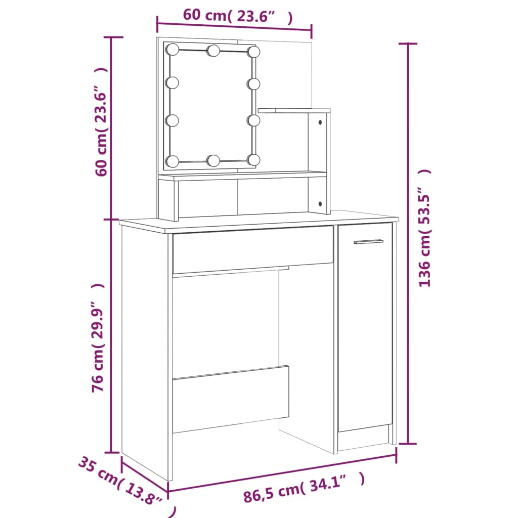 vidaXL Schminktisch mit LED Braun Eichen-Optik 86,5x35x136 cm