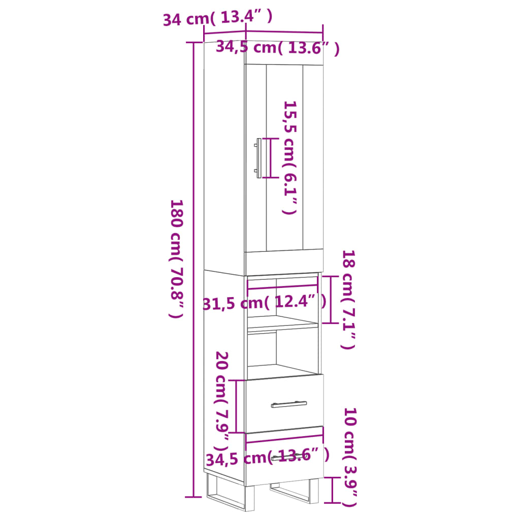 vidaXL Highboard Hochglanz-Weiß 34,5x34x180 cm Holzwerkstoff