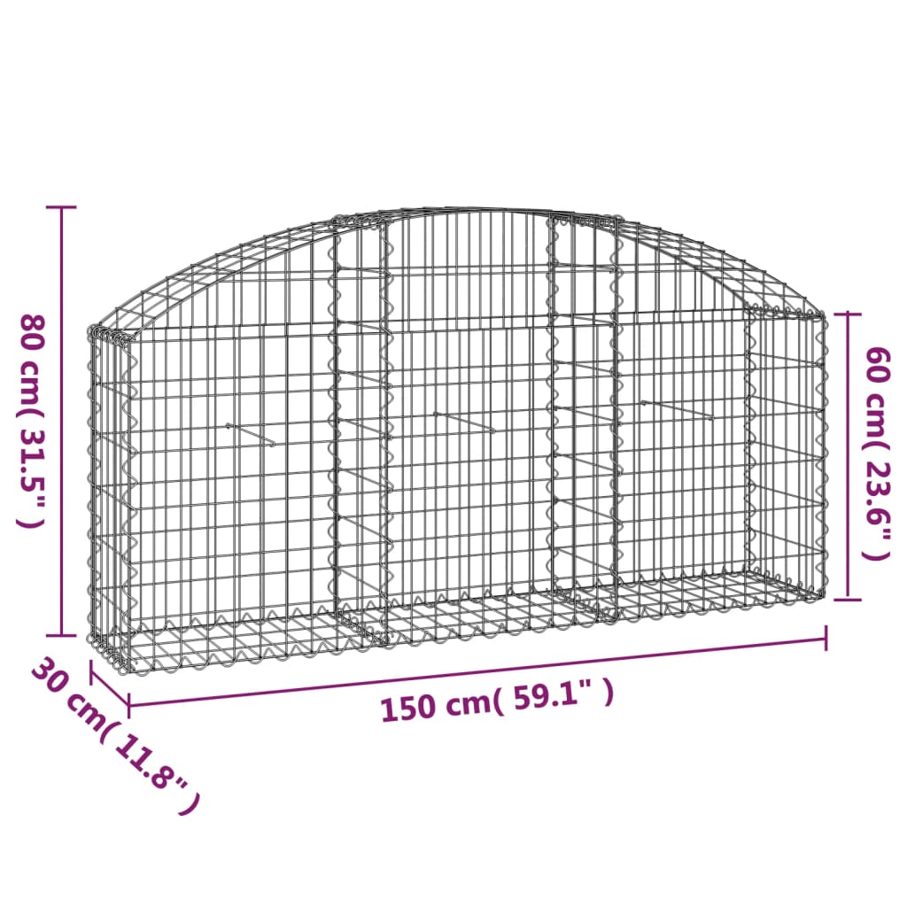 vidaXL Gabione mit Hochbogen 150x30x60/80 cm Verzinktes Eisen