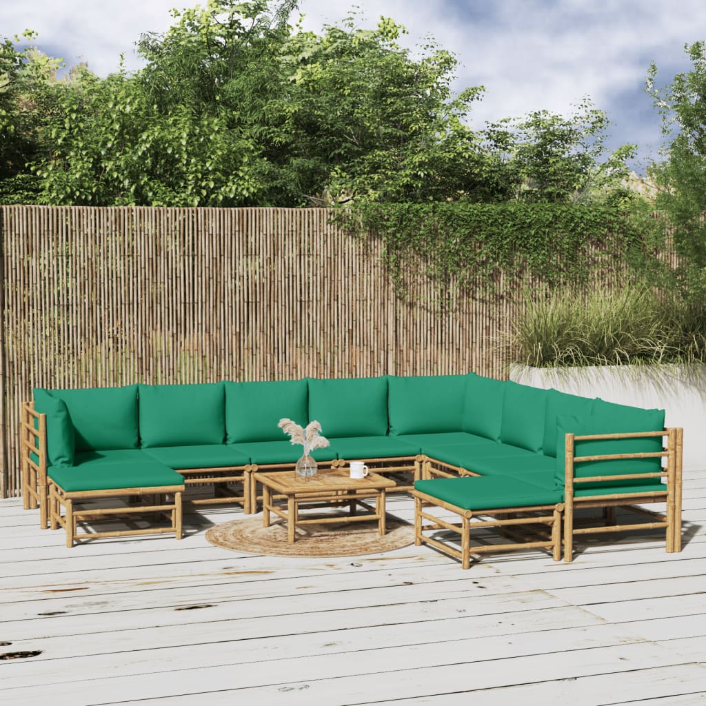 vidaXL 11-tlg. Garten-Lounge-Set mit Grünen Kissen Bambus