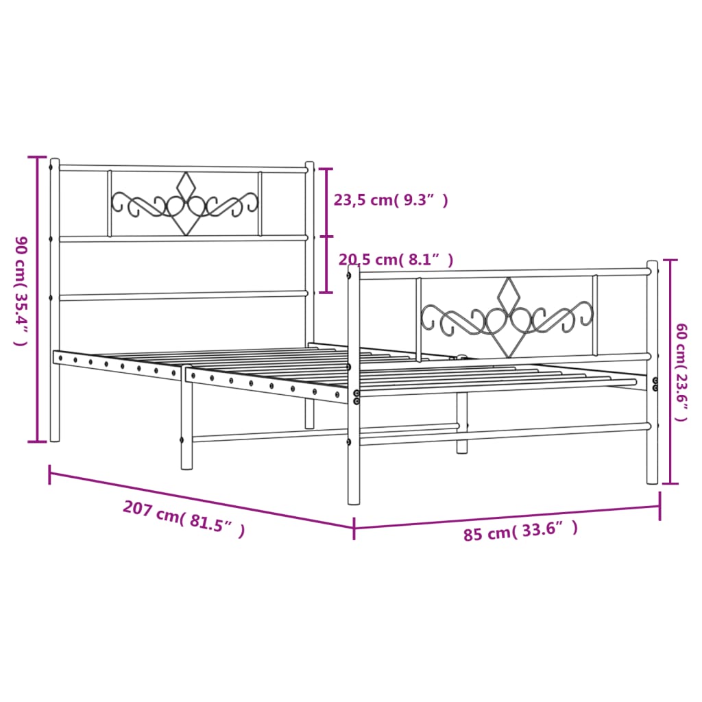 vidaXL Bettgestell mit Kopf- und Fußteil Metall Schwarz 80x200 cm