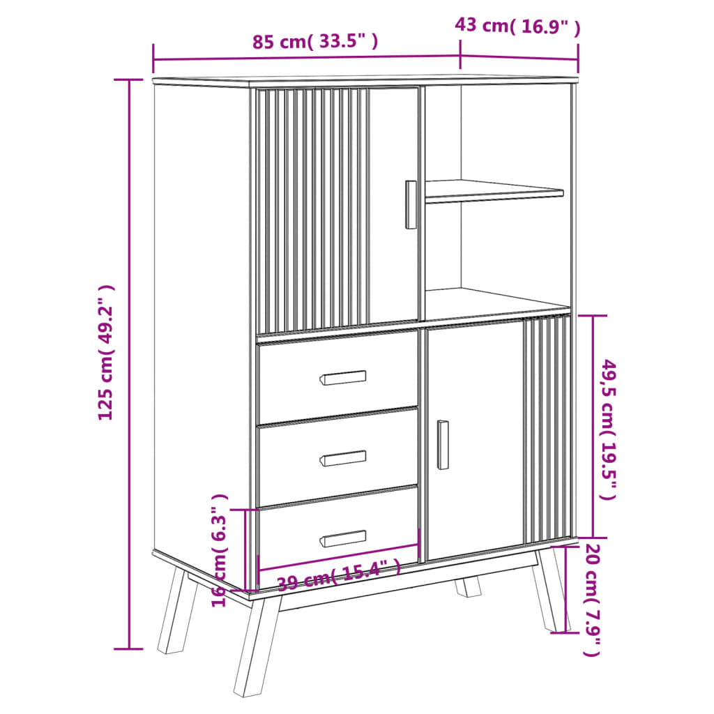 vidaXL Highboard OLDEN Grau und Braun 85x43x125 cm Massivholz Kiefer