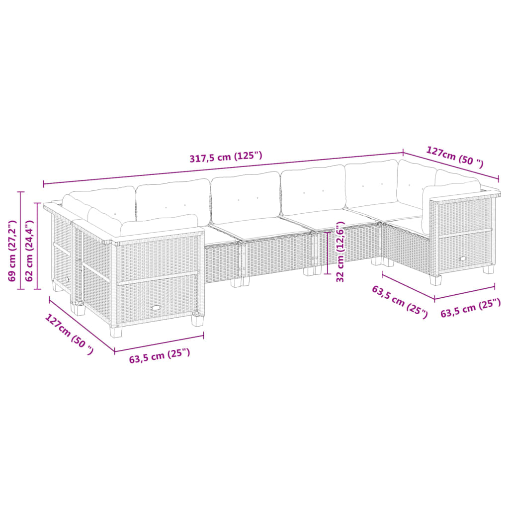 vidaXL 7-tlg. Garten-Sofagarnitur mit Kissen Grau Poly Rattan