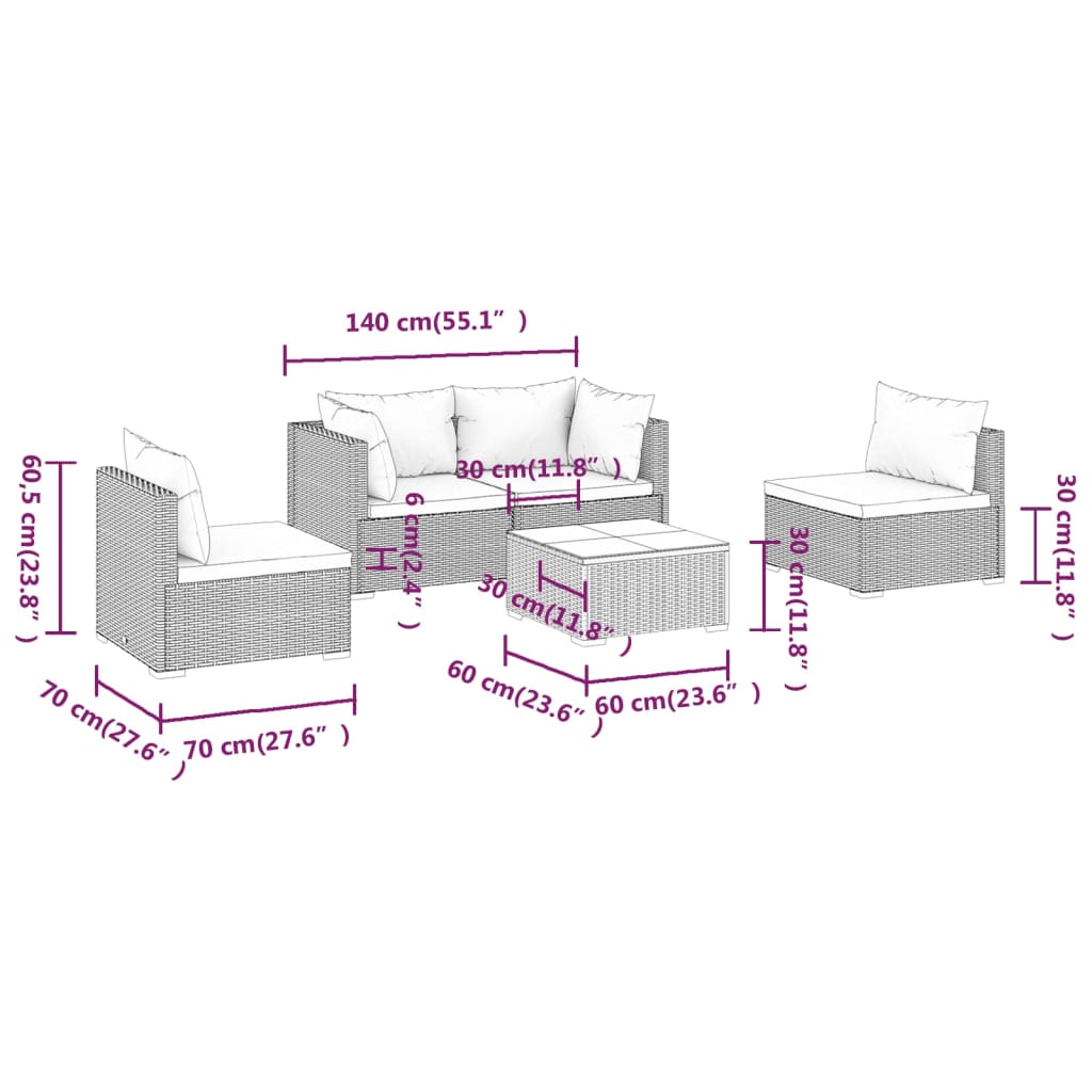 vidaXL 5-tlg. Garten-Lounge-Set mit Kissen Poly Rattan Braun