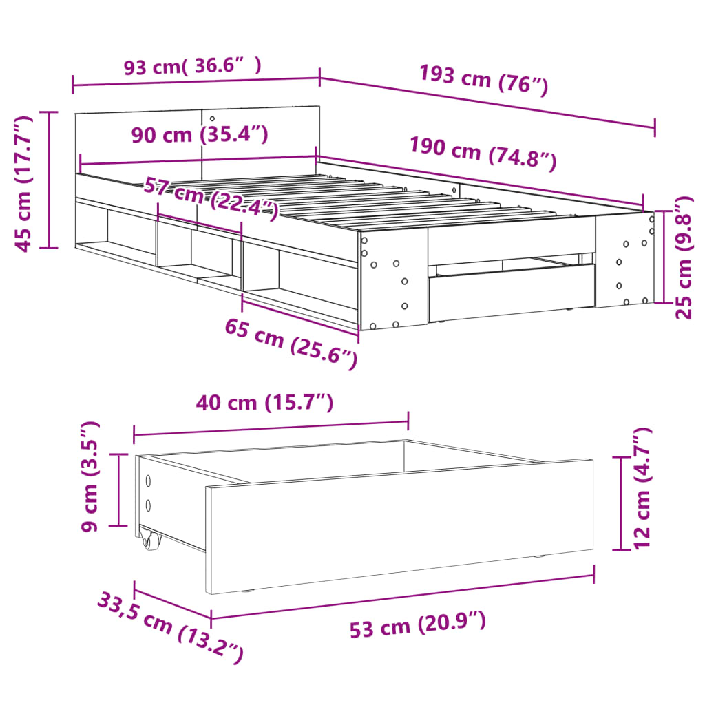 vidaXL Bettgestell mit Schublade Sonoma-Eiche 90x190 cm Holzwerkstoff