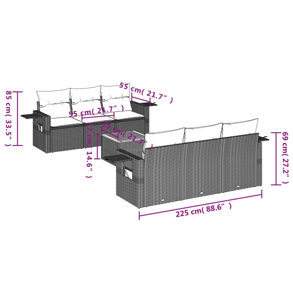 vidaXL 7-tlg. Garten-Sofagarnitur mit Kissen Grau Poly Rattan