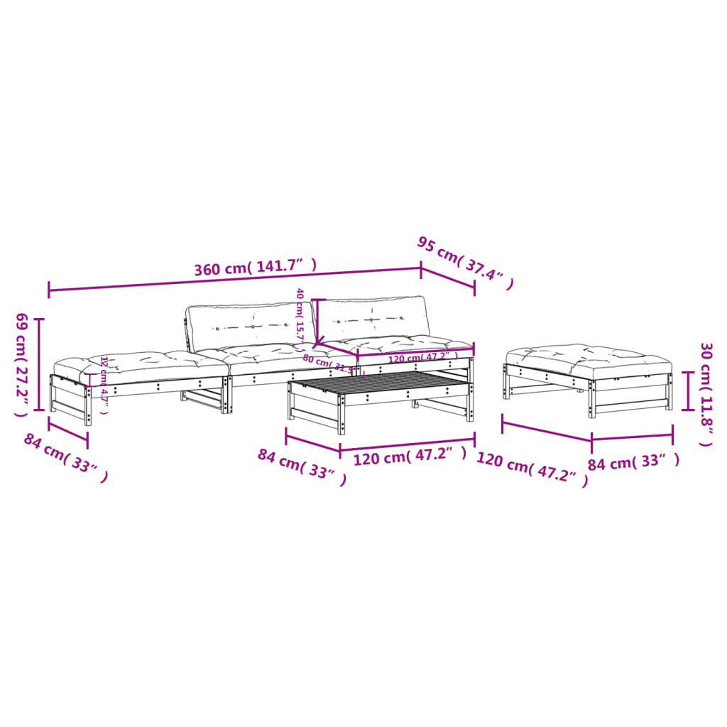 vidaXL 5-tlg. Garten-Lounge-Set mit Kissen Schwarz Massivholz