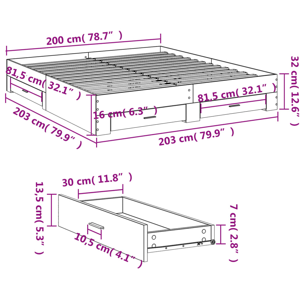 vidaXL Bettgestell mit Schubladen Räuchereiche 200x200cm Holzwerkstoff