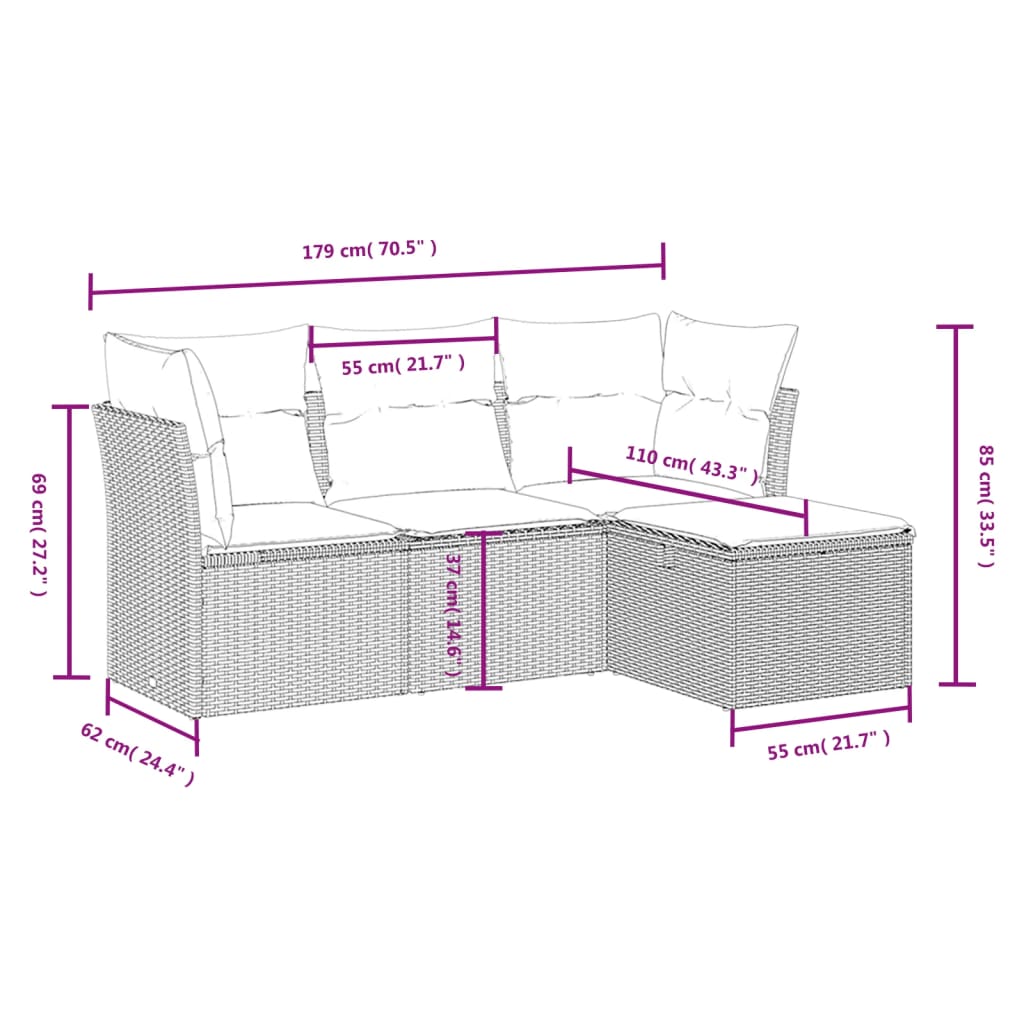 vidaXL 4-tlg. Garten-Sofagarnitur mit Kissen Grau Poly Rattan