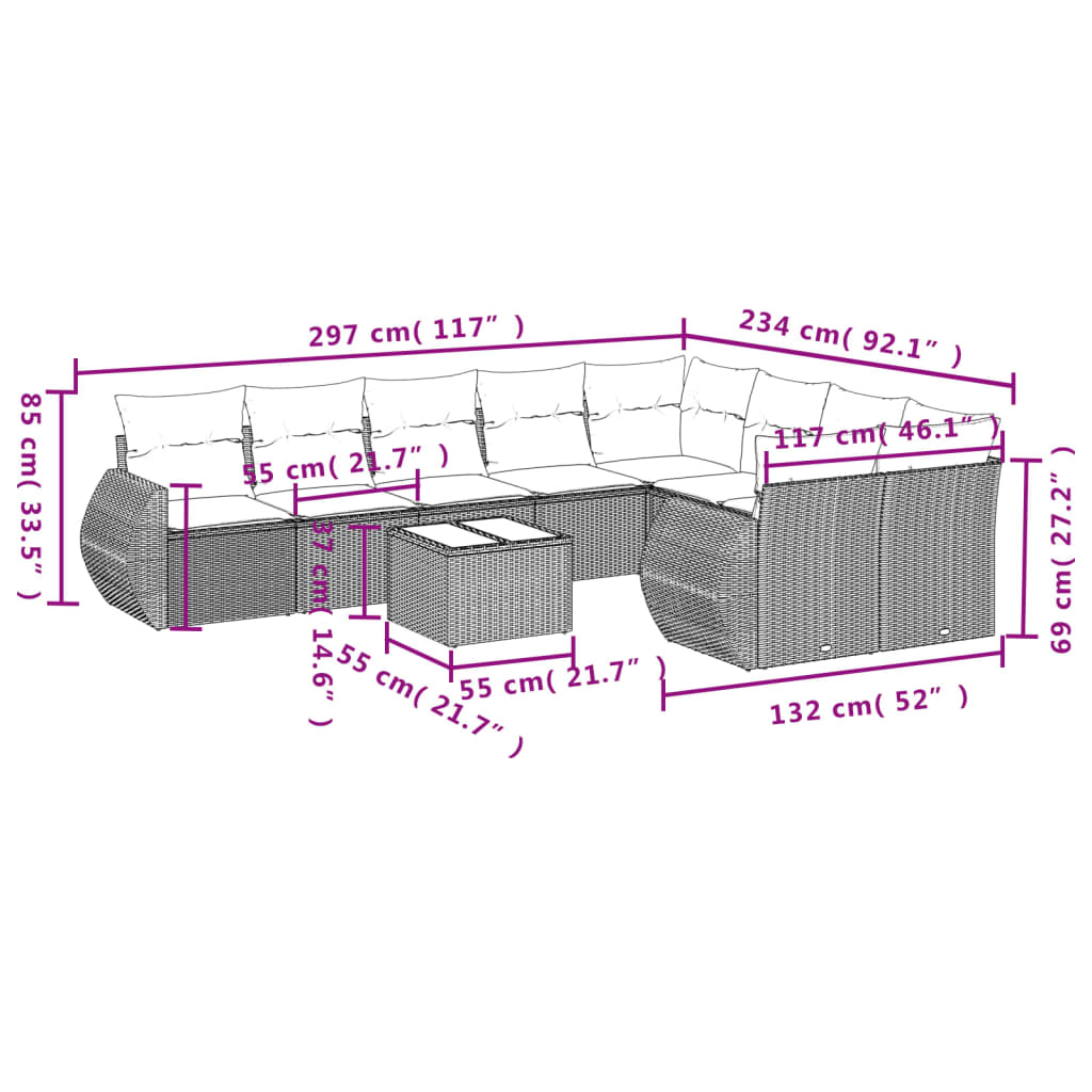 vidaXL 10-tlg. Garten-Sofagarnitur mit Kissen Schwarz Poly Rattan