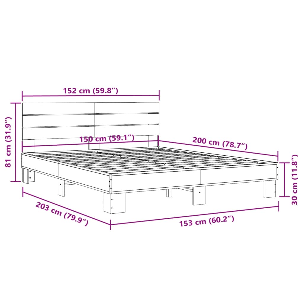 vidaXL Bettgestell Räuchereiche 150x200 cm Holzwerkstoff und Metall