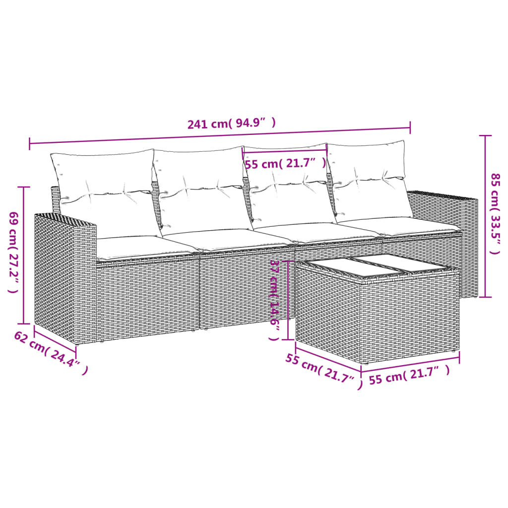 vidaXL 5-tlg. Garten-Sofagarnitur mit Kissen Schwarz Poly Rattan